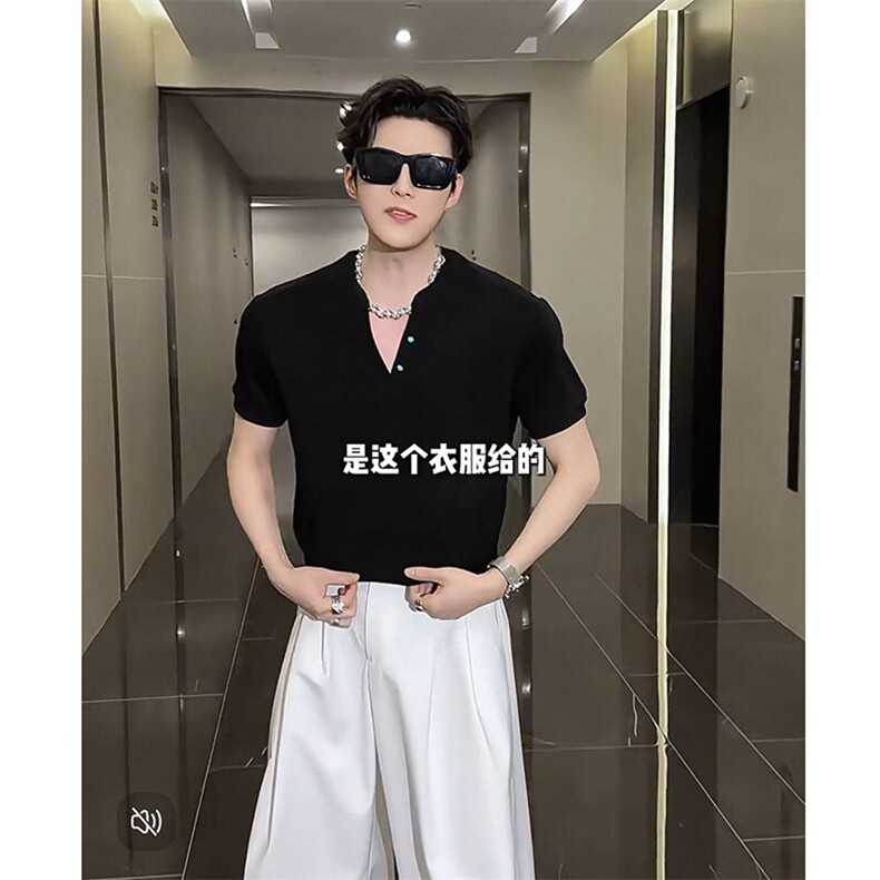 抖音夏季高克重纯色高级V领正肩短袖T恤TX1252-P46（网图参考图片
