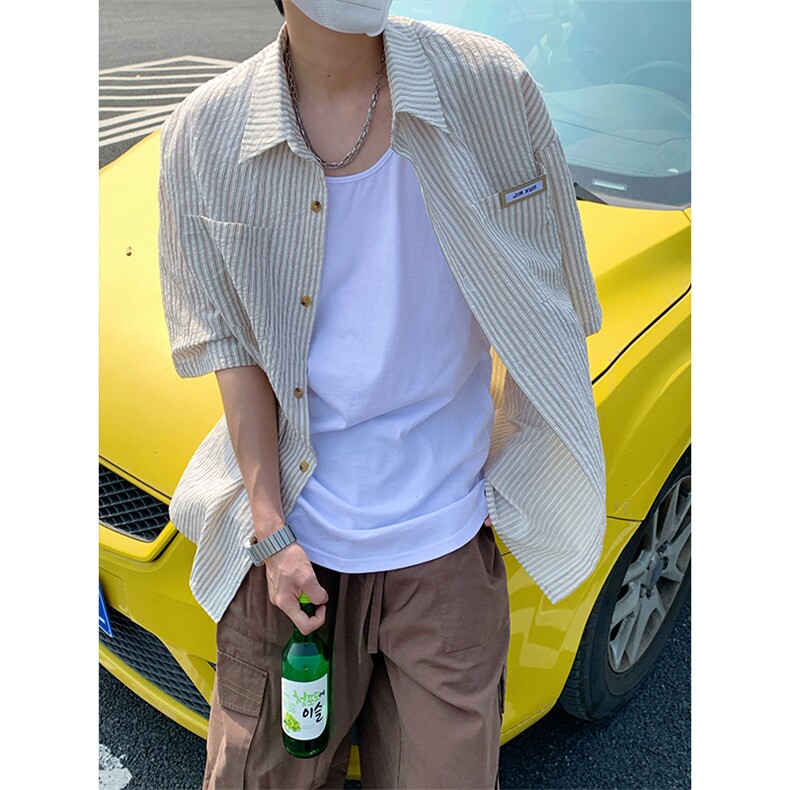 夏季潮流大码宽松百搭撞色贴标条纹短袖衬衫DC2218-P38【特价】,男装T恤,电商A007