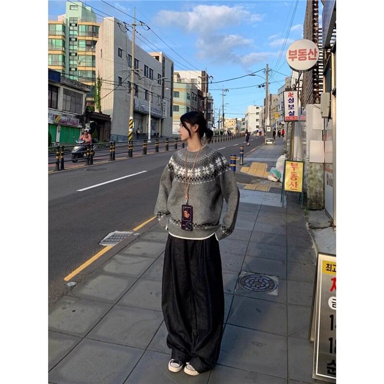 2025新款灰色美式复古重磅毛衣男圆领费尔岛提花慵懒风针织衫秋冬,男装针织衫/毛衣,星座516A