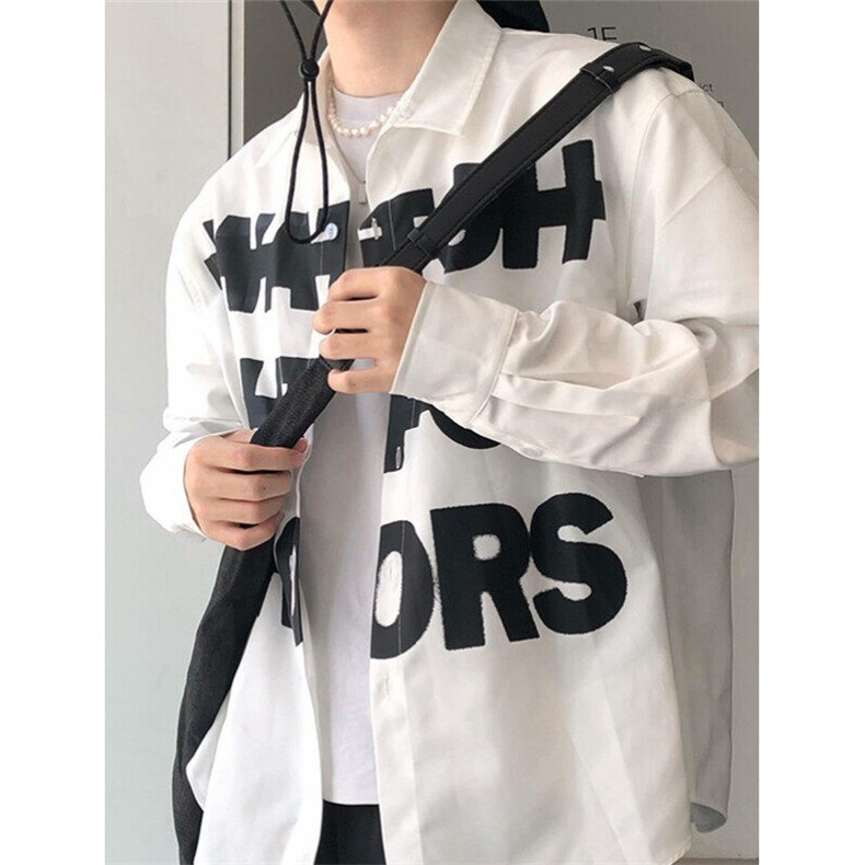 白色字母印花衬衫高级感男女春季标语宽松衬衣慵懒风日系休闲上衣,男装衬衫,星座1116A（原606A-3）