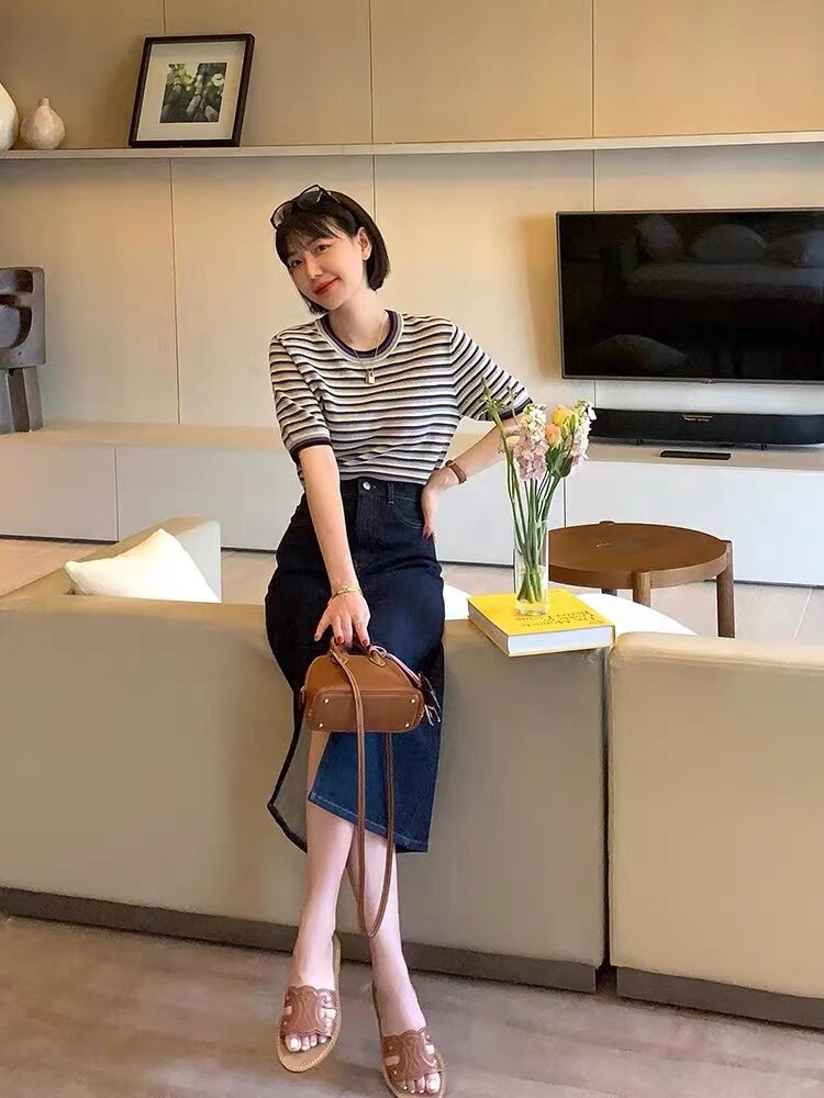 时尚蓝莓紫条纹短袖精纺仿羊毛针织衫 显瘦百搭女款上衣图片
