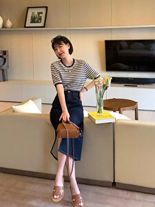 时尚蓝莓紫条纹短袖精纺仿羊毛针织衫 显瘦百搭女款上衣图片
