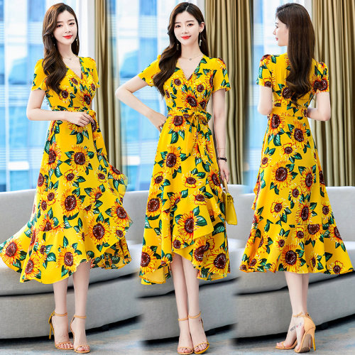 夏季新款花朵连衣裙法式短袖V领雪纺修身高腰显瘦长裙大码女，女装连衣裙，海爱依仁