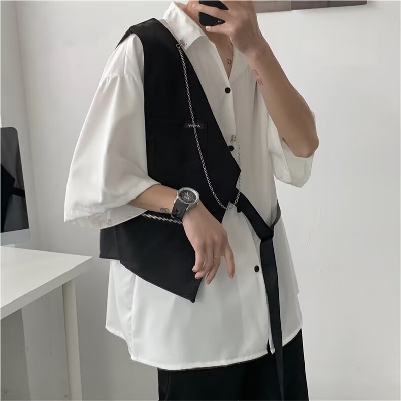 夏季新款日系简约潮时尚纯色文艺原宿ins衬衫+马甲+项链C608P48,男装衬衫,星座1116-2