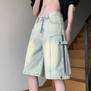 日系复古简约水洗做旧牛仔短裤男女夏季宽松直筒阔腿五分休闲裤子图片