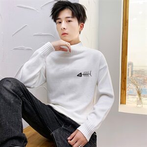 秋冬中领毛衣男小鱼骨头长袖外套男毛衫打底针织衫高领灰M229P35图片