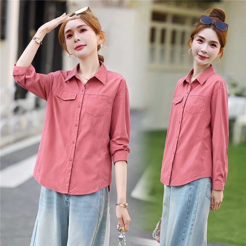 衬衫女春秋棉纯色简约百搭外套，女装衬衫，芙芮