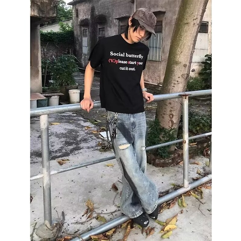 复古做旧宽松破洞牛仔裤男女春季新款高街阔腿拖地直筒裤NZB43,男装牛仔裤,星座516A