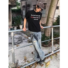 复古做旧宽松破洞牛仔裤男女春季新款高街阔腿拖地直筒裤NZB43，男装牛仔裤，星座516A