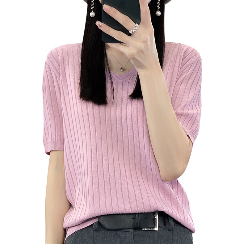 夏季曲珠冰丝短袖女V领薄款针织衫T恤宽松显瘦上衣半袖,女装T恤,佳绒包芯纱店