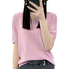 夏季曲珠冰丝短袖女V领薄款针织衫T恤宽松显瘦上衣半袖，女装T恤，佳绒包芯纱店
