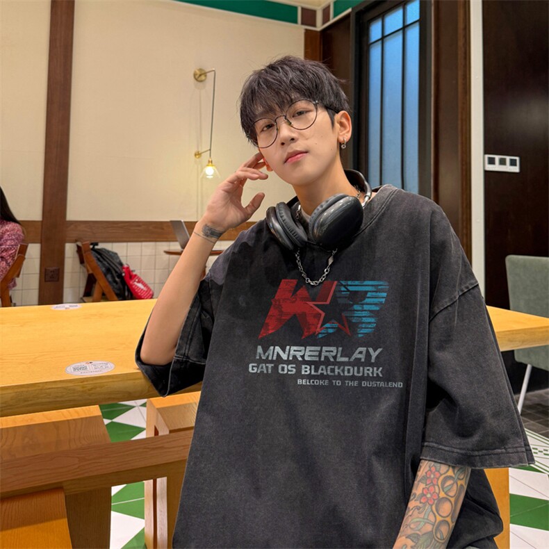 量大优！供视频240克重磅美式炒雪花水洗做旧短袖T恤,男装T恤,电商B367
