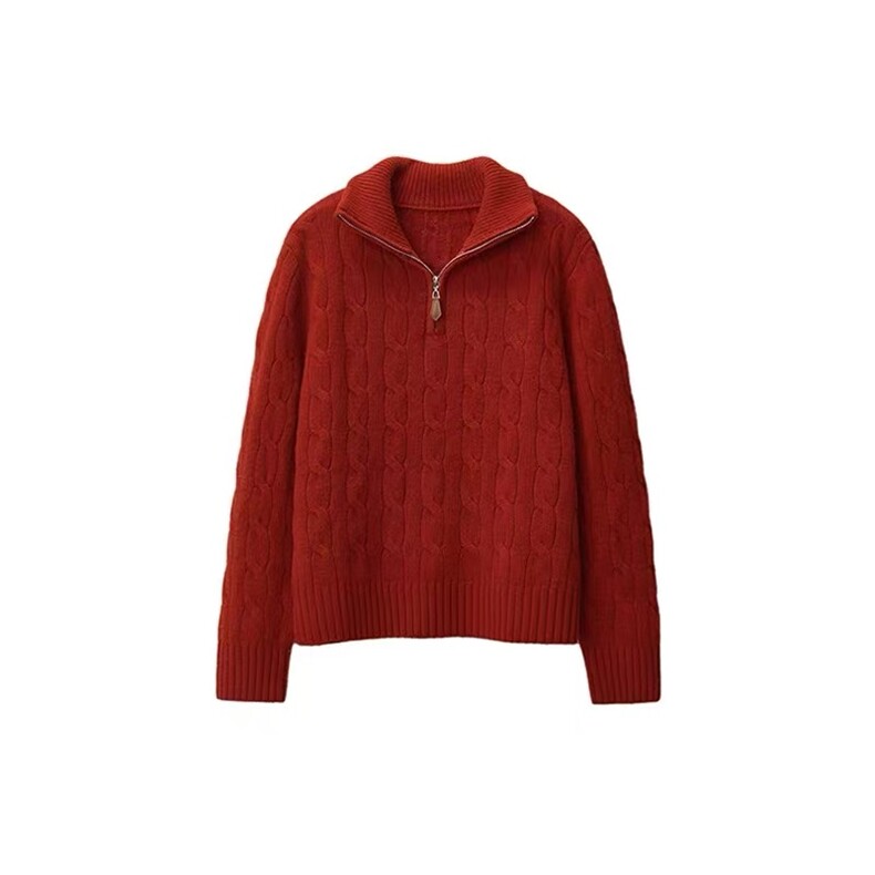 2025年女士秋季麻花立领拉链，女装针织衫/毛衣，百纯羊绒