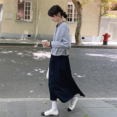 设计感时尚套装裙女2025年秋季新款毛边条纹上衣高腰半身裙两件套，女装套装/套裙，2C098