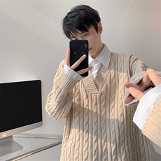 假两件衬衫领毛衣男秋冬宽松慵懒风韩系麻花针织衫外套MY19003P78，男装针织衫/毛衣，电商B312