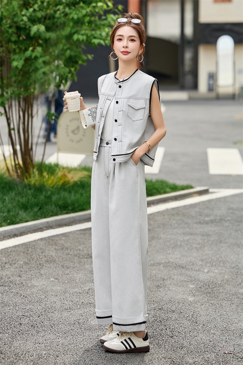时尚复古牛仔套装女2025夏季新款韩版小个子工装马甲阔腿裤两件套,女装套装/套裙,瑶迪依秀