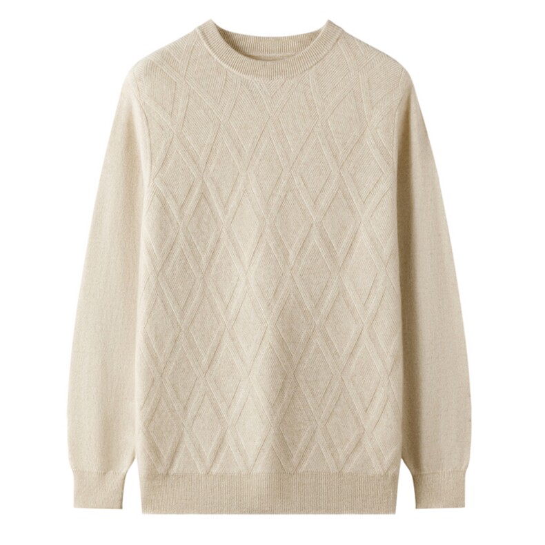 2025菱形圆领长袖羊绒衫，男装羊绒套衫，忠诺羊绒