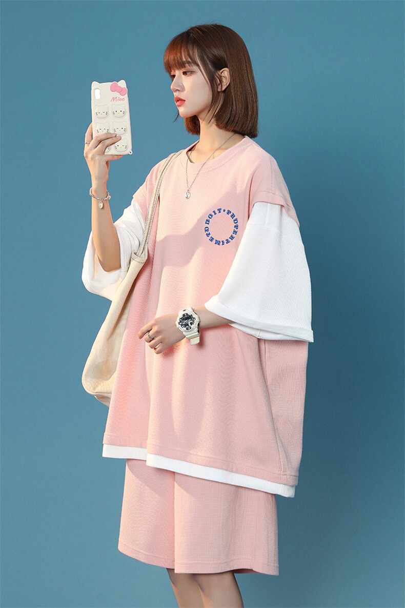 中性夏季潮流简约宽松运动风假两件T恤情侣套装TZ608P75控98,男装休闲套装,A247A