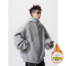 480G重磅加绒硬挺boxy男女秋冬美式高街卫衣铆钉拼接开衫厚外套，女装短外套，电商A486-1