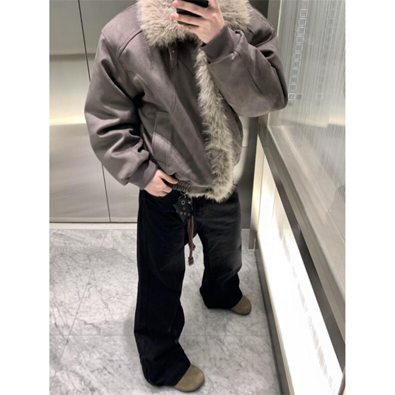 现货重磅硬挺boxy羽绒棉衣座山雕大毛毛领洗水麂皮棉服冬外套，男装棉衣，电商A486-1