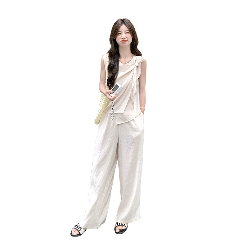 韩系蝴蝶结绑带背心女夏季新款高级感无袖上衣高腰阔腿长裤两件套,女装套装/套裙,1D066-1