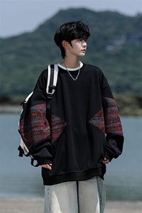 8XL-M 春秋季圆领拼接撞色民族风卫衣男新款潮牌上衣服WY005P58图片