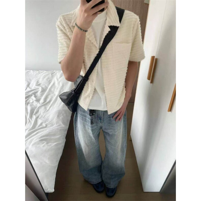 夏季狐绒萃古巴衬衫绒感镂空男女透气老钱风短袖CT25113批48,男装T恤,星座1004-6