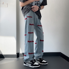 hiphop高街设计感牛仔裤男宽松直筒拖地裤毛巾绣阔腿裤N6505-p45，男装牛仔裤，星座1008