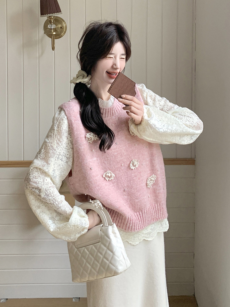 韩系甜美蕾丝上衣女2025早春新款针织马甲镂空打底衫潮,女装马甲,维壹