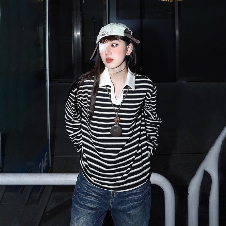 条纹设计INS风翻领衬衫女百搭通勤撞色T恤长袖上衣春秋TX0049,男装T恤,星座516A