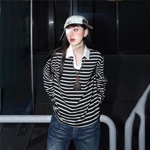 条纹设计INS风翻领衬衫女百搭通勤撞色T恤长袖上衣春秋TX0049,夏季小女人搭配图片