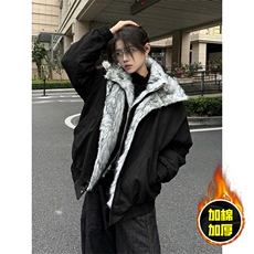 现货高品质美式高街重磅狼王座山雕毛毛领假两件棉衣加厚棉服外套，男装棉衣，电商A486