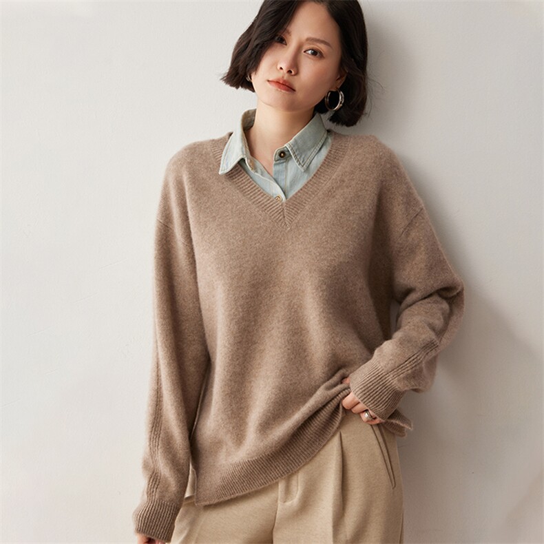 2024秋冬V领加厚彩点山羊绒衫女宽松大码时尚休闲针织打底衫毛衣,女装羊绒衫,蒂暖羊绒