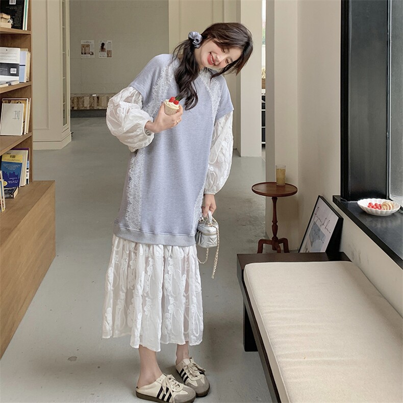 灰色漂亮蕾丝拼接长袖连衣裙女2025初春新款浪漫风穿搭圆领长裙,女装连衣裙,2C283
