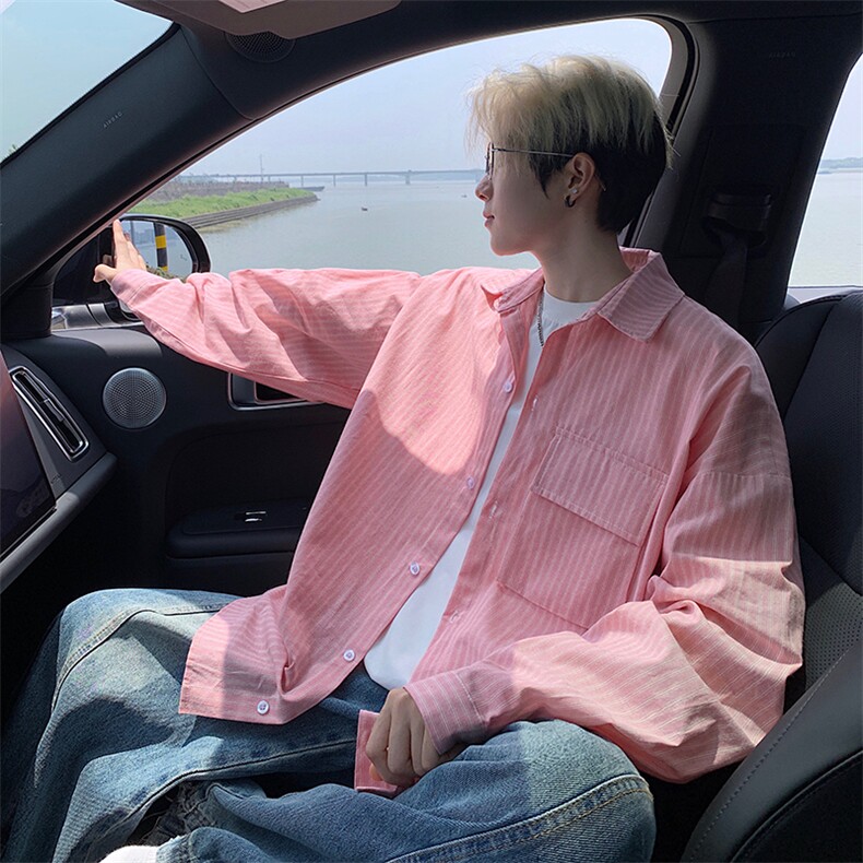 衬衫男秋季新款港风宽松大码立体口袋纯棉条纹长袖衬衣CS3099-P42，男装衬衫，星座214-3