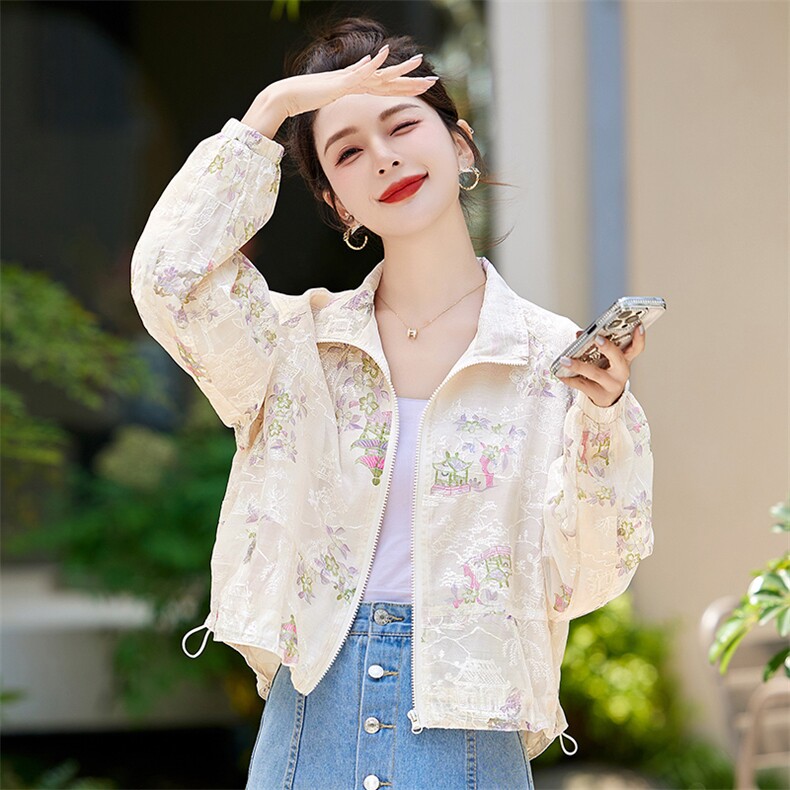 现货轻薄刺绣防晒衣女夏薄款宽松新款小个子时尚新中式外套防晒衣,女装防晒衣,丽美静依