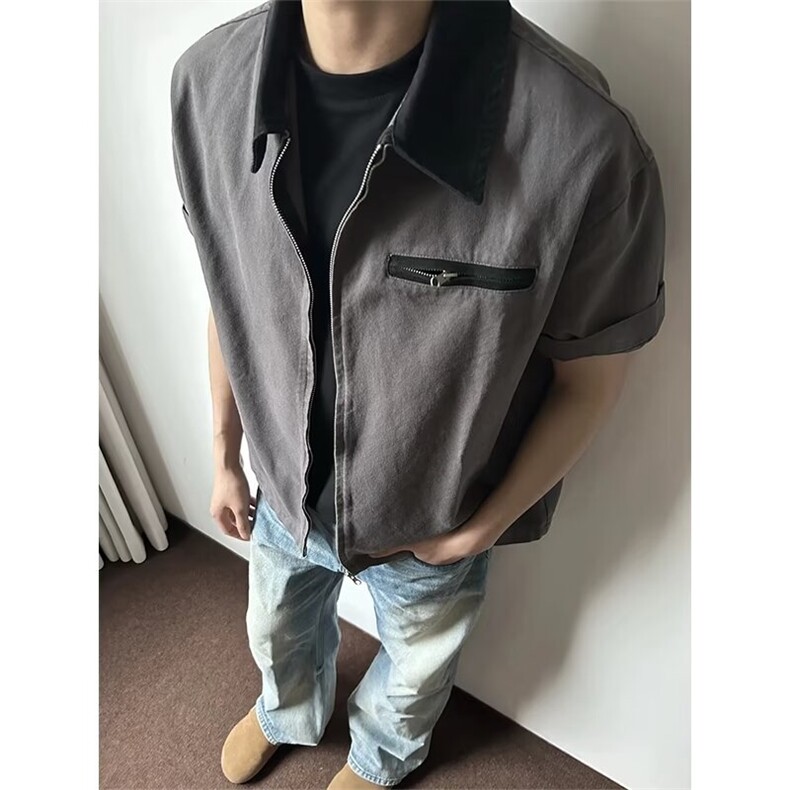 美式复古卡哈特工装正肩短袖衬衫外套男夏季简约高级衬衣夹克图片