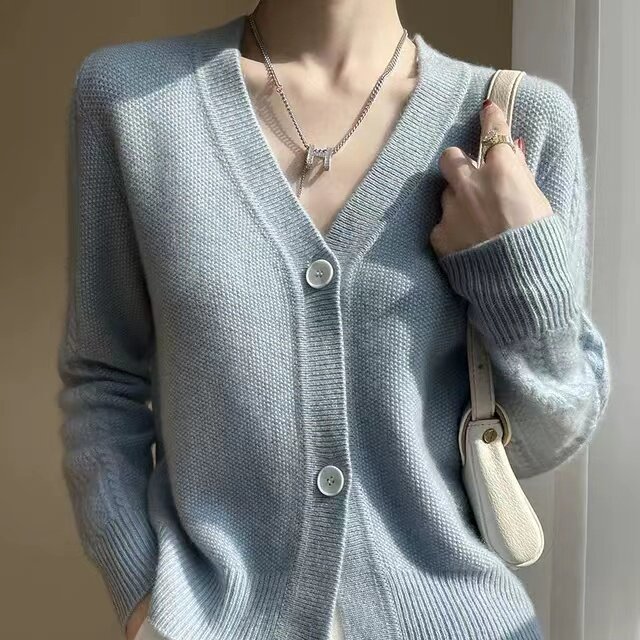 新款V领羊毛针织开衫女长袖宽松显瘦百搭,女装羊毛衫,千御纺羊绒