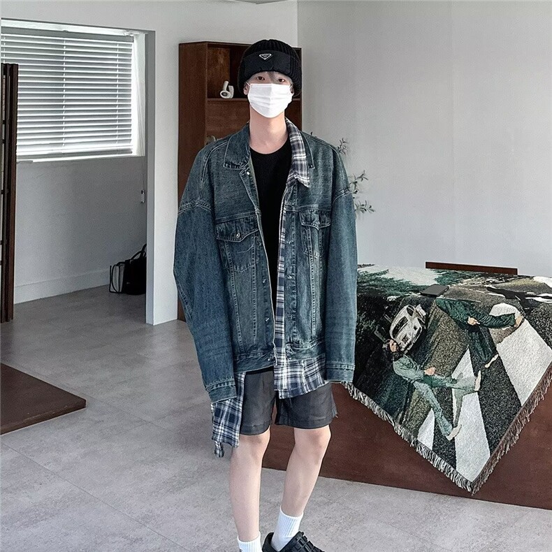 假两件拼接格子牛仔夹克外套男,男装工装外套,星座410-6（原星座1304-1）