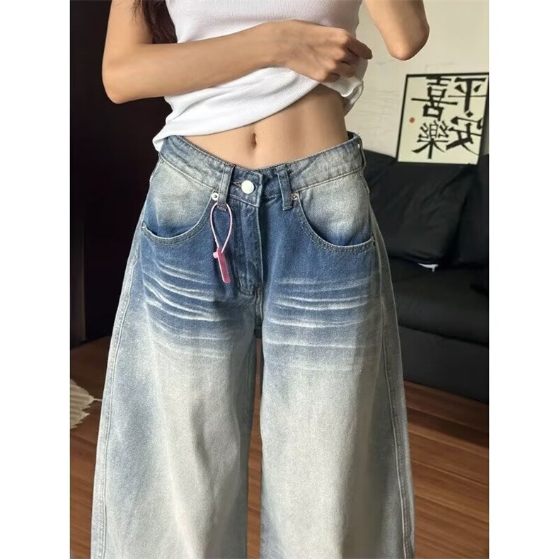 复古水洗牛仔裤宽松阔腿裤女春秋高腰显瘦百搭直筒裤拖地裤子长裤,男装牛仔裤,星座506A