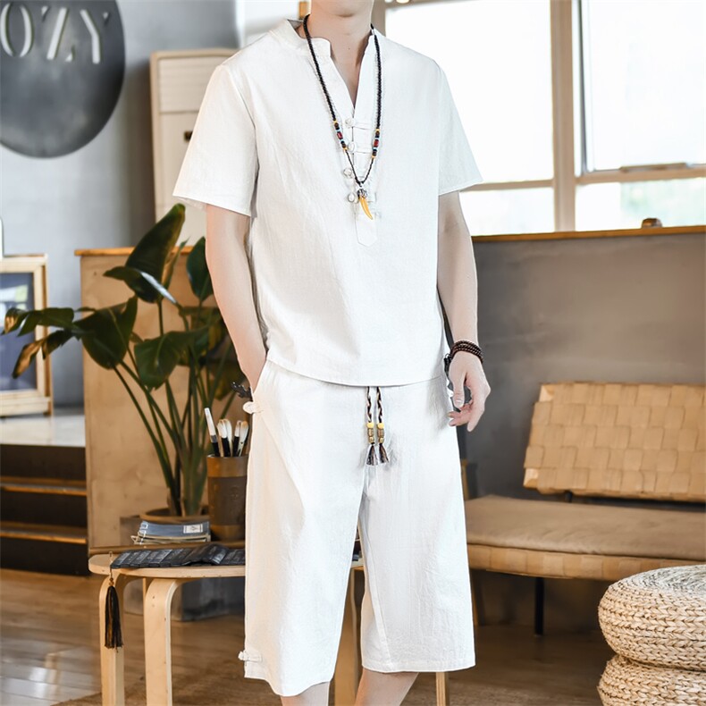 夏季棉麻风V领男装套装七分裤T恤两件套A266-1-TZ6287-P65,男装T恤,电商A266-1