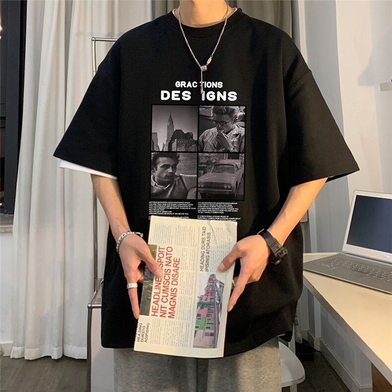 港风23夏季时尚潮流海报印花款100棉百搭短袖T恤T6076P25控38,男装T恤,电商A268A