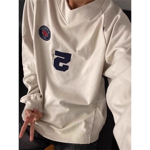 美式复古刺绣v领卫衣潮牌高级感脏染球衣服运动上衣WY6602特P52