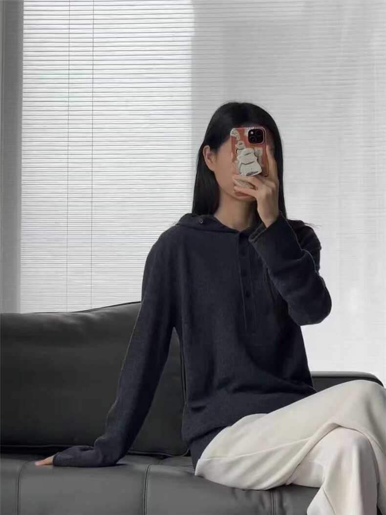 新款纯色半开领连帽帽衫时尚百搭,针织衫/毛衣,百纯羊绒