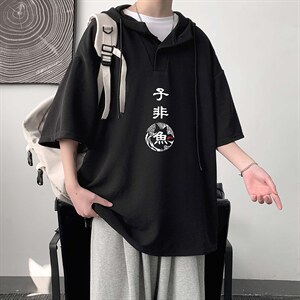 LD54070-P45 连帽短袖t恤男大码胖子带帽五分袖中袖 大皂风图片