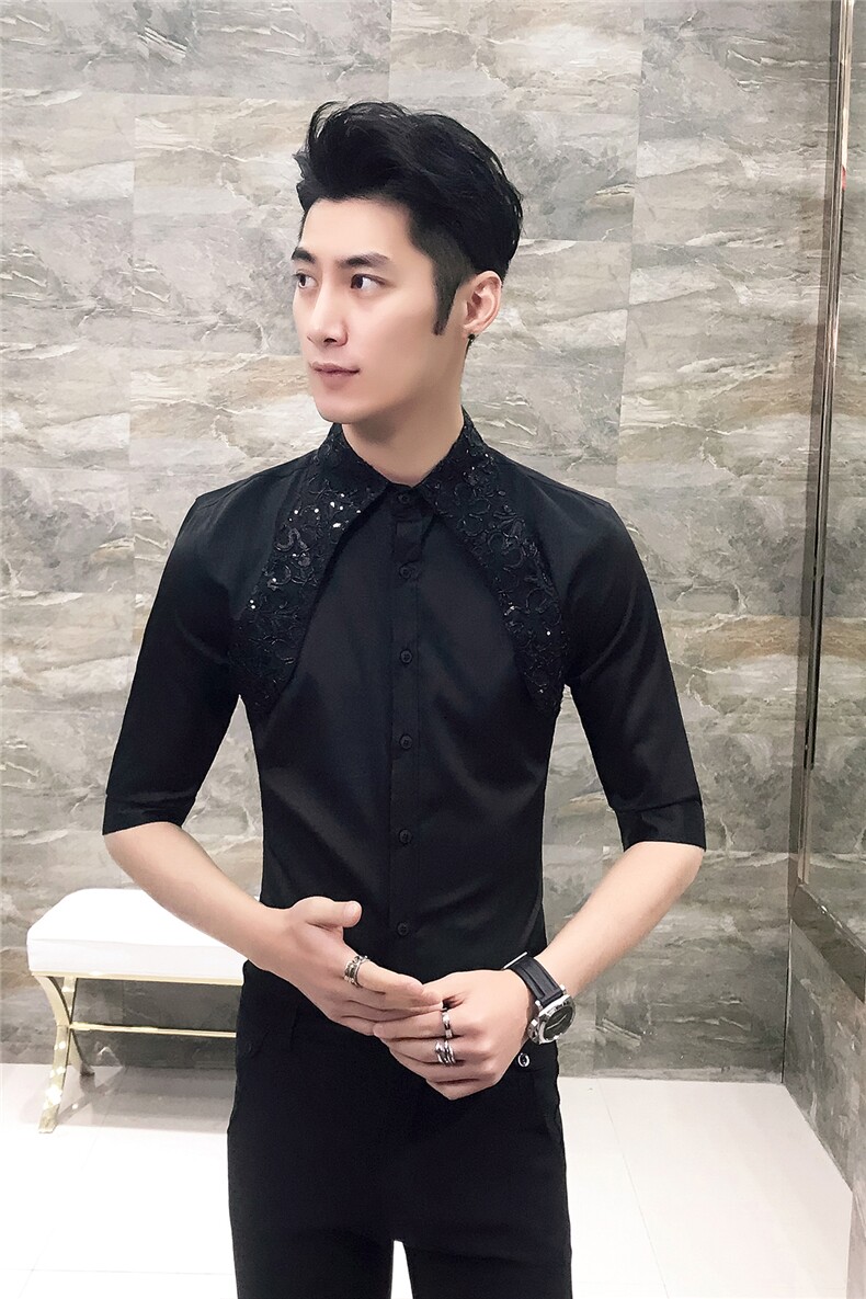 19夏男韩版修身衬衫发型师七分袖工作服夜店蕾丝亮片中袖D42,男装衬衫,星座419（原A233）