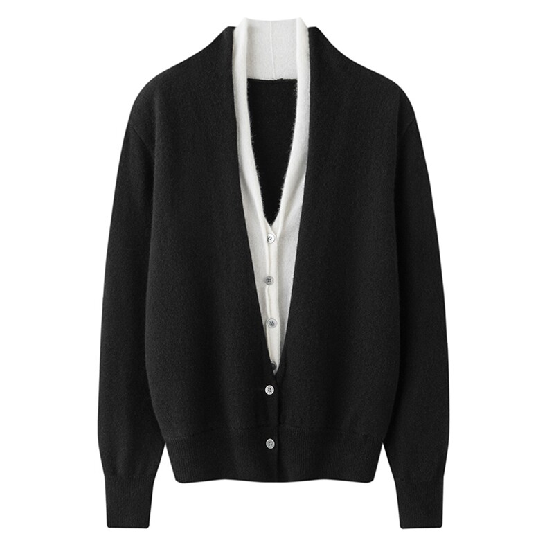 美爆了！假两件baby小山羊绒针织开衫女V领毛衣宽松拼色百搭外套，女装羊绒衫，绒又羊绒