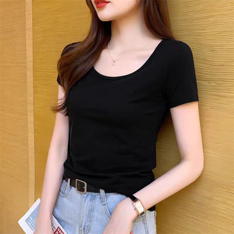 正肩水滴U领白色短袖T恤女修身显瘦春夏小众低领打底全棉短款上衣,女装T恤,春韵羊绒