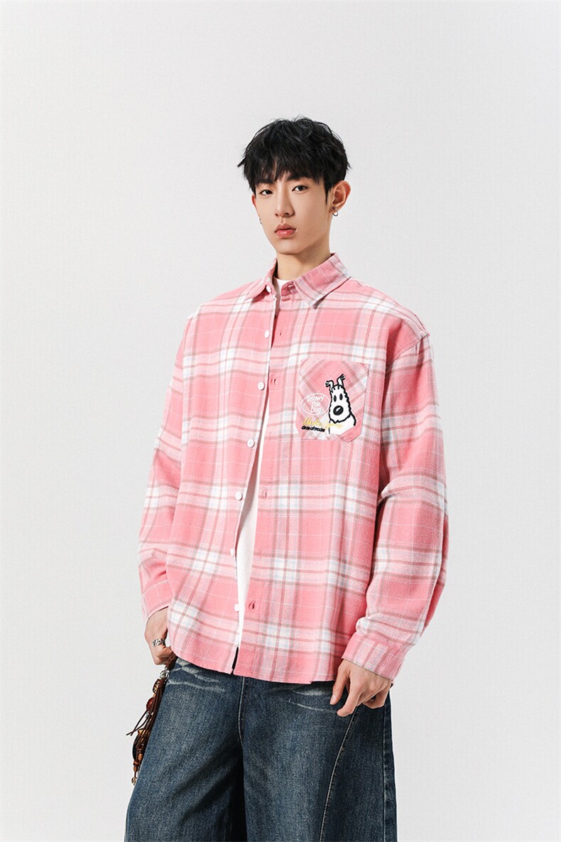 8XL-M小狗格子衬衫男长袖2025春情侣款寸衣宽松衬衣CS519P58控78,男装衬衫,电商D206-1