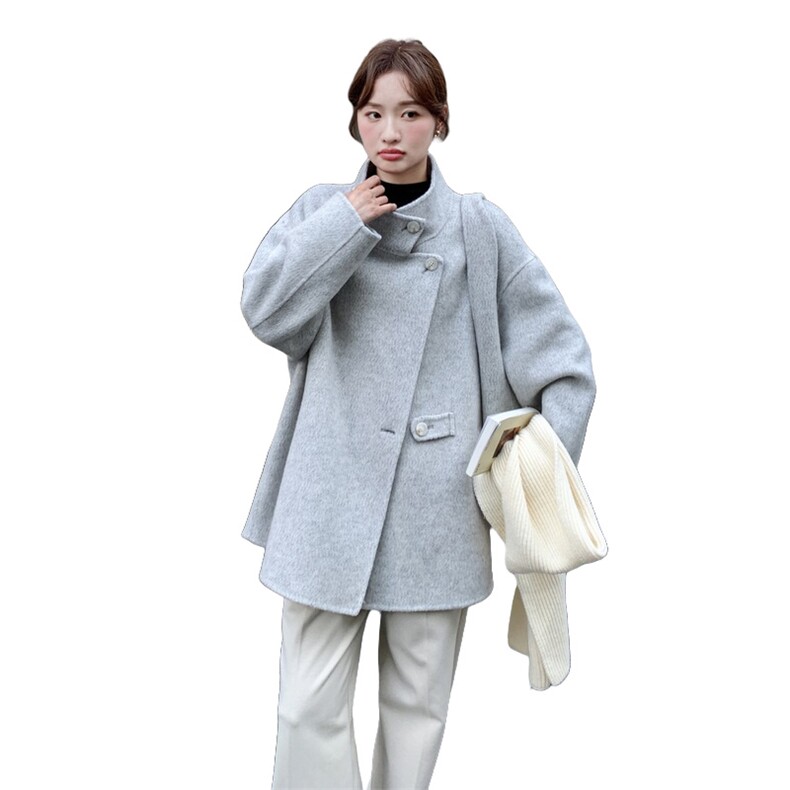 轻熟风立领呢大衣女2025秋冬新款高级感宽松显瘦小个子毛呢外套,女装毛呢外套,2D014